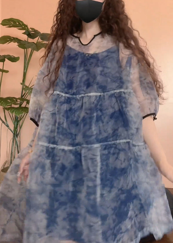 Patchwork Set Tulle Half Print Sleeve Pieces Blue Chic Two FashionChic