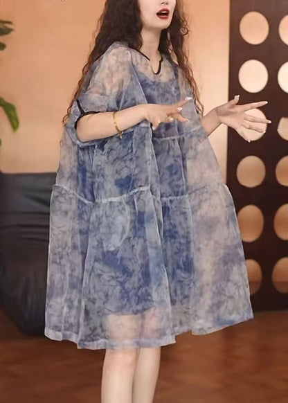 Patchwork Set Tulle Half Print Sleeve Pieces Blue Chic Two FashionChic