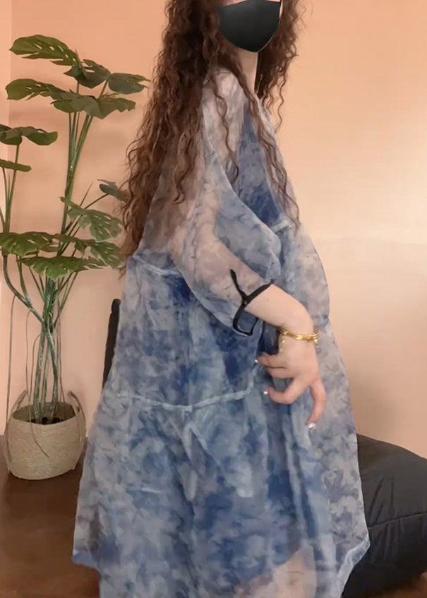 Patchwork Set Tulle Half Print Sleeve Pieces Blue Chic Two FashionChic