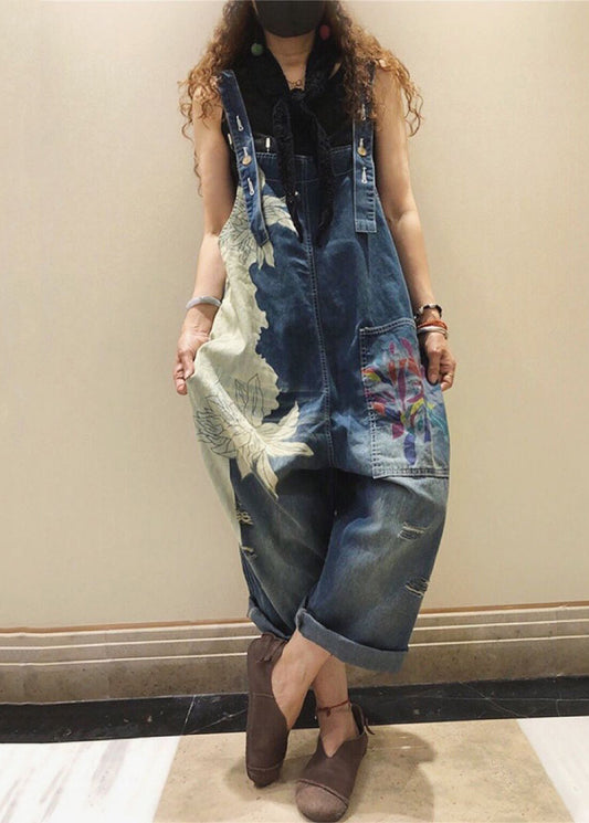 Chic Blue Print Pockets High Waist Denim Jumpsuit Sleeveless MN076 MMDM-JPTS240704