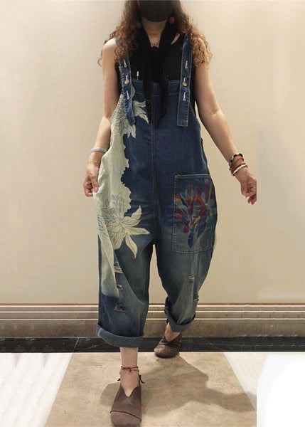 Chic Blue Print Pockets High Waist Denim Jumpsuit Sleeveless MN076 MMDM-JPTS240704