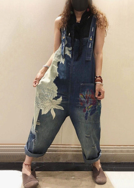 Chic Blue Print Pockets High Waist Denim Jumpsuit Sleeveless MN076 MMDM-JPTS240704
