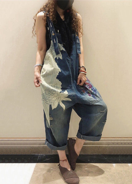 Chic Blue Print Pockets High Waist Denim Jumpsuit Sleeveless MN076 MMDM-JPTS240704