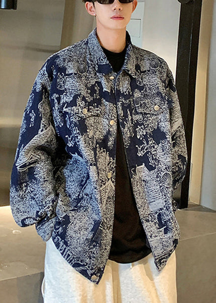 Chic Blue Print Pockets Patchwork Men Coat Fall WA026 MENC241110