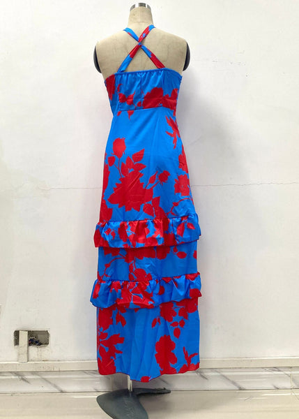 Chic Blue Print Side Open Cotton Ankle Dress Sleeveless FF104 SH-LF-SDL240603