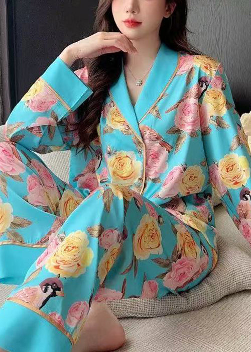 Chic Blue Roses Print Blouses And Pants Ice Silk Pajamas Two Pieces Set Spring YK021 ABC