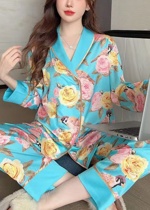 Chic Blue Roses Print Blouses And Pants Ice Silk Pajamas Two Pieces Set Spring YK021 ABC