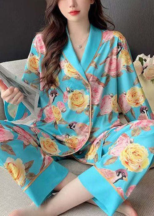 Chic Blue Roses Print Blouses And Pants Ice Silk Pajamas Two Pieces Set Spring YK021 ABC