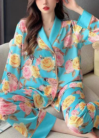 Chic Blue Roses Print Blouses And Pants Ice Silk Pajamas Two Pieces Set Spring YK021 ABC