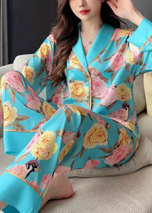 Chic Blue Roses Print Blouses And Pants Ice Silk Pajamas Two Pieces Set Spring YK021 ABC