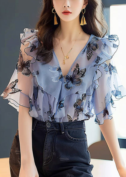 Chic Blue Ruffled Print Chiffon Shirts Half Sleeve KJ002 ZS-HTP240715