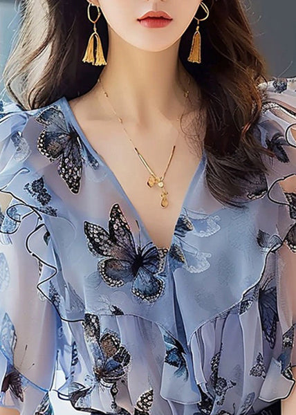 Chic Blue Ruffled Print Chiffon Shirts Half Sleeve KJ002 ZS-HTP240715