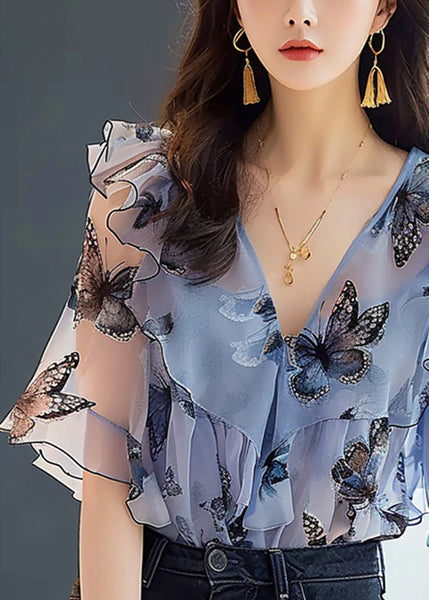 Chic Blue Ruffled Print Chiffon Shirts Half Sleeve KJ002 ZS-HTP240715