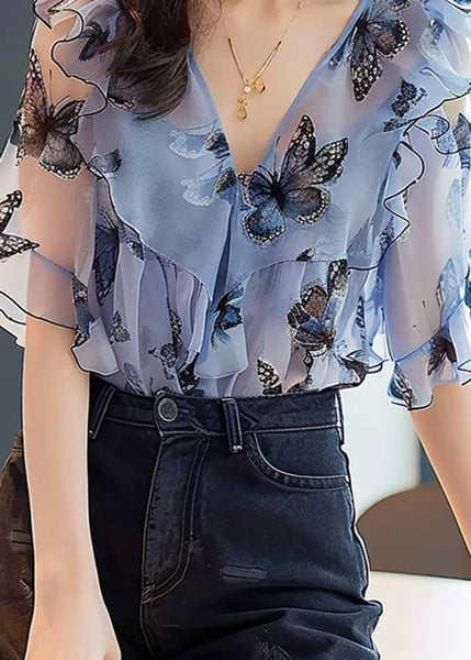 Chic Blue Ruffled Print Chiffon Shirts Half Sleeve KJ002 ZS-HTP240715