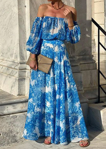 Chic Blue Slash Neck Print Cotton Dress Long Sleeve BB051 Hawaii-FDL240622