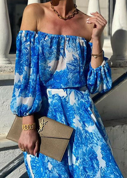 Chic Blue Slash Neck Print Cotton Dress Long Sleeve BB051 Hawaii-FDL240622