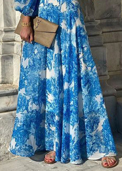 Chic Blue Slash Neck Print Cotton Dress Long Sleeve BB051 Hawaii-FDL240622