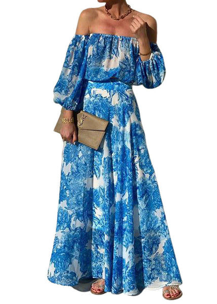 Chic Blue Slash Neck Print Cotton Dress Long Sleeve BB051 Hawaii-FDL240622