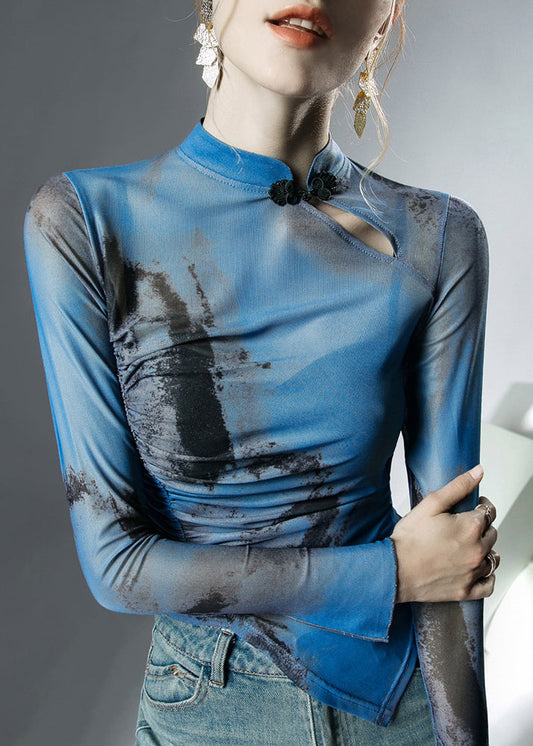 Chic Blue Stand Collar Asymmetrical Print Tulle Tops Fall AL1071 Genistyle Shop