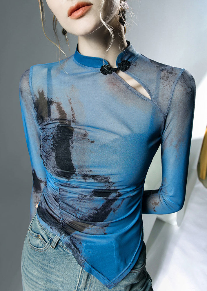 Chic Blue Stand Collar Asymmetrical Print Tulle Tops Fall AL1071 Genistyle Shop