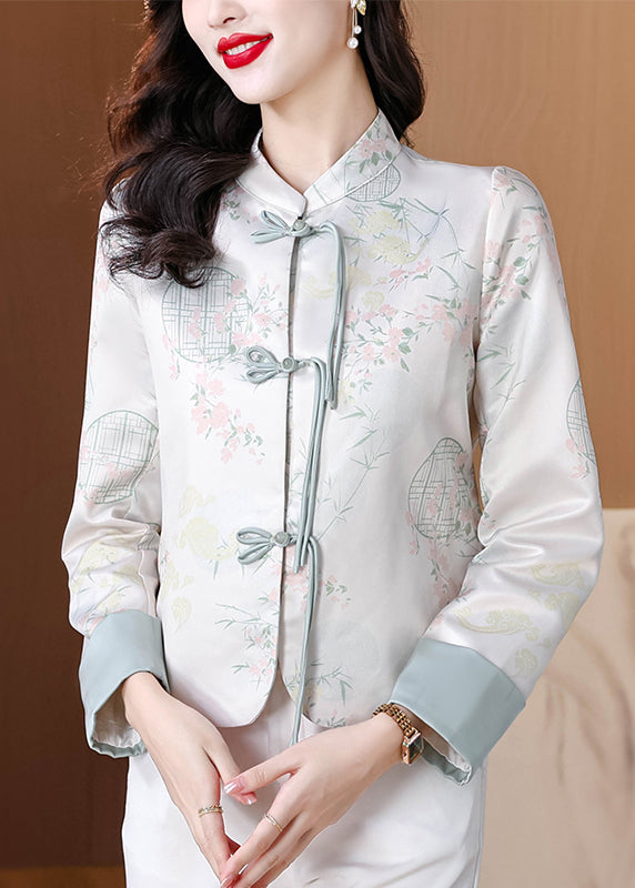 Chic Blue Stand Collar Print Button Silk Coats Fall QO003 MZF-CTS241008