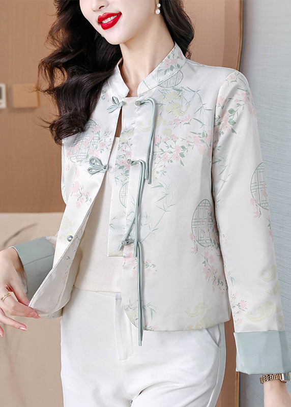 Chic Blue Stand Collar Print Button Silk Coats Fall QO003 MZF-CTS241008