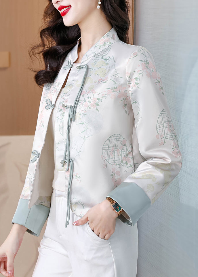 Chic Blue Stand Collar Print Button Silk Coats Fall QO003 MZF-CTS241008