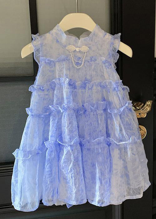 Chic Blue Stand Collar Ruffled Lace Up Chiffon Girls Dresses Sleeveless EW056 WS-RCTZSDGL240809