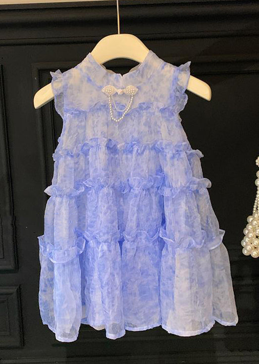 Chic Blue Stand Collar Ruffled Lace Up Chiffon Girls Dresses Sleeveless EW056 WS-RCTZSDGL240809