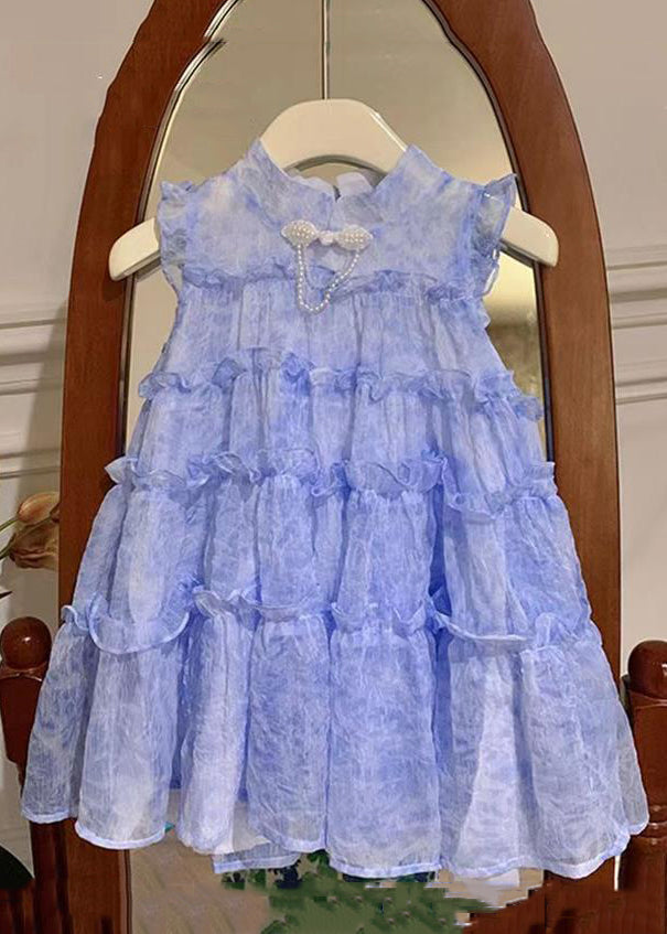 Chic Blue Stand Collar Ruffled Lace Up Chiffon Girls Dresses Sleeveless EW056 WS-RCTZSDGL240809