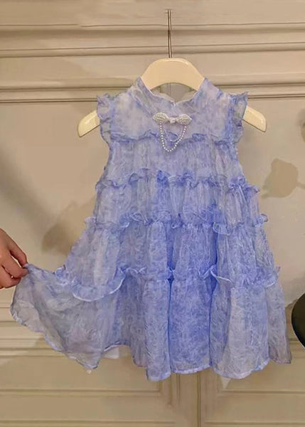 Chic Blue Stand Collar Ruffled Lace Up Chiffon Girls Dresses Sleeveless EW056 WS-RCTZSDGL240809
