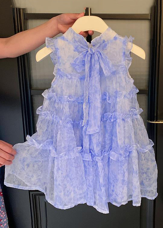 Chic Blue Stand Collar Ruffled Lace Up Chiffon Girls Dresses Sleeveless EW056 WS-RCTZSDGL240809
