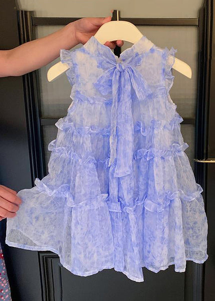 Chic Blue Stand Collar Ruffled Lace Up Chiffon Girls Dresses Sleeveless EW056 WS-RCTZSDGL240809