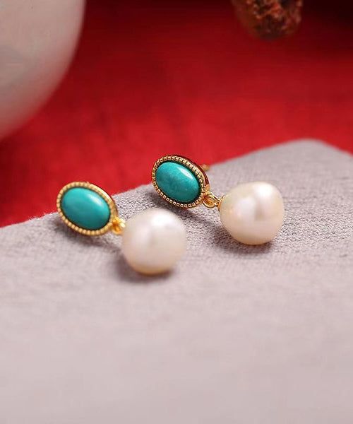 Turquoise Drop Earrings Sterling Silver Chic Overgild Pearl Blue FashionChic