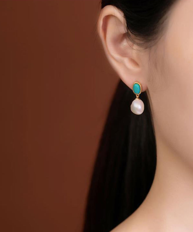 Turquoise Drop Earrings Sterling Silver Chic Overgild Pearl Blue FashionChic