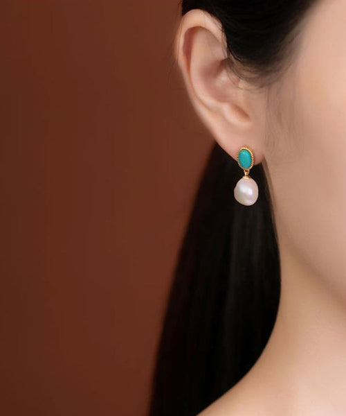 Turquoise Drop Earrings Sterling Silver Chic Overgild Pearl Blue FashionChic