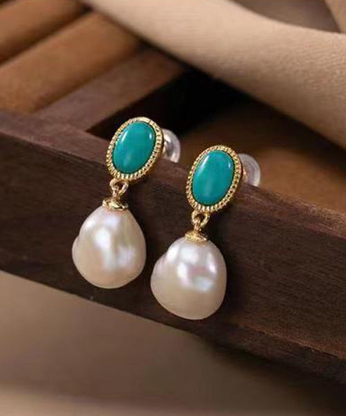 Turquoise Drop Earrings Sterling Silver Chic Overgild Pearl Blue FashionChic