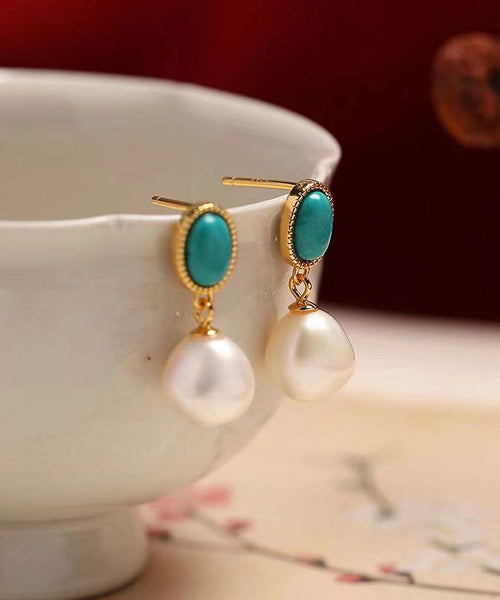 Turquoise Drop Earrings Sterling Silver Chic Overgild Pearl Blue FashionChic