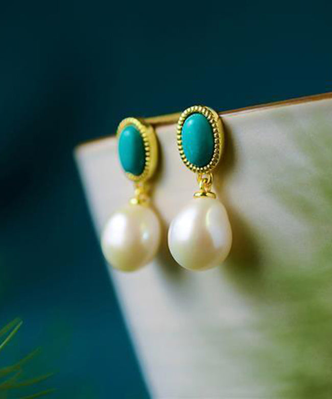 Turquoise Drop Earrings Sterling Silver Chic Overgild Pearl Blue FashionChic