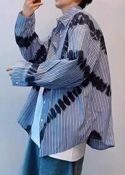 Spring Blue Men Shirts Tie Striped Cotton Dye Chic FashionChic