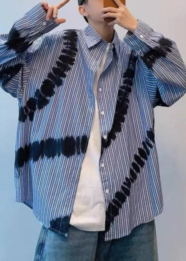 Spring Blue Men Shirts Tie Striped Cotton Dye Chic FashionChic