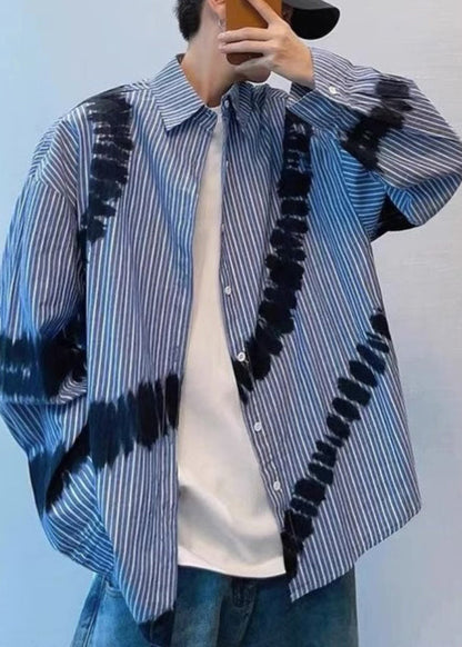Spring Blue Men Shirts Tie Striped Cotton Dye Chic FashionChic