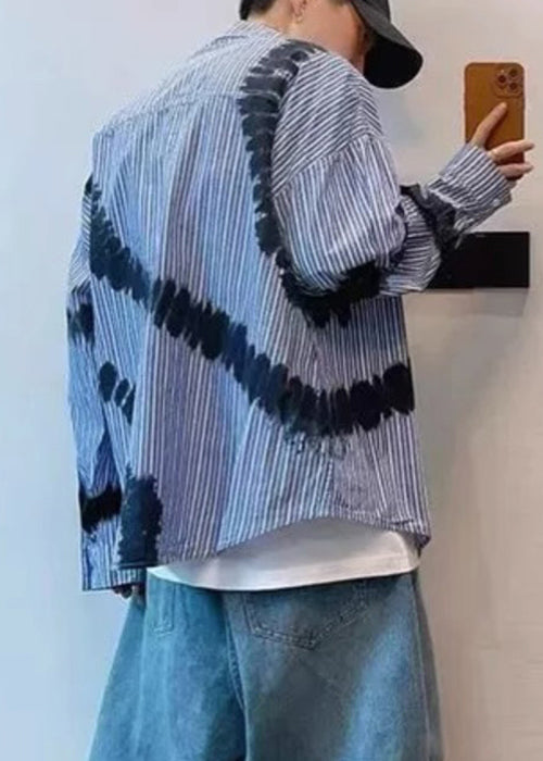 Spring Blue Men Shirts Tie Striped Cotton Dye Chic FashionChic