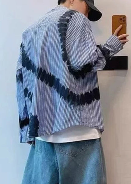 Spring Blue Men Shirts Tie Striped Cotton Dye Chic FashionChic