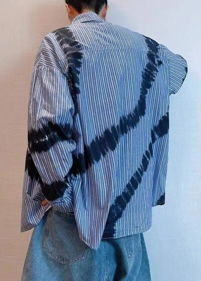 Spring Blue Men Shirts Tie Striped Cotton Dye Chic FashionChic