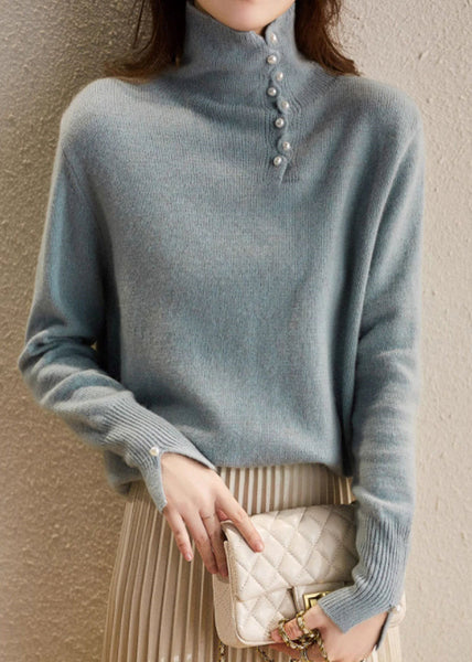 Chic Blue Turtleneck Pearl Patchwork Cozy Cotton Knit Sweater Spring TO033