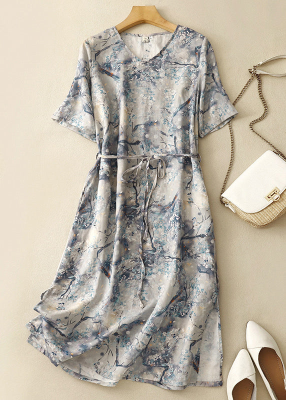 Chic Blue V Neck Print Tie Waist Cotton Dresses Summer GG002 MZF-SDL240610