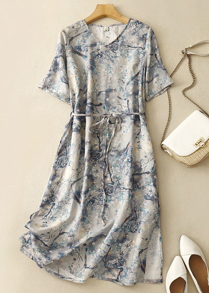 Chic Blue V Neck Print Tie Waist Cotton Dresses Summer GG002 MZF-SDL240610