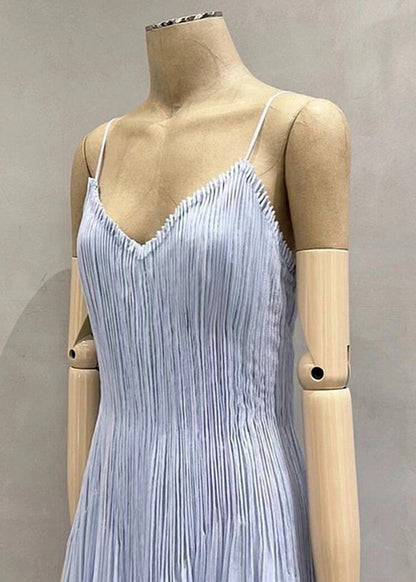 Wrinkled Summer V Chic Spaghetti Dress Neck Strap Blue Cotton FashionChic