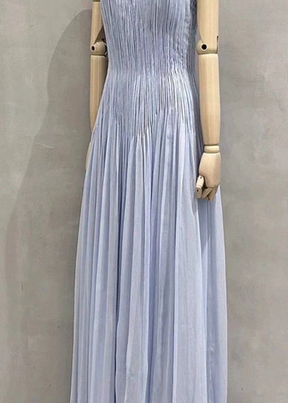 Wrinkled Summer V Chic Spaghetti Dress Neck Strap Blue Cotton FashionChic